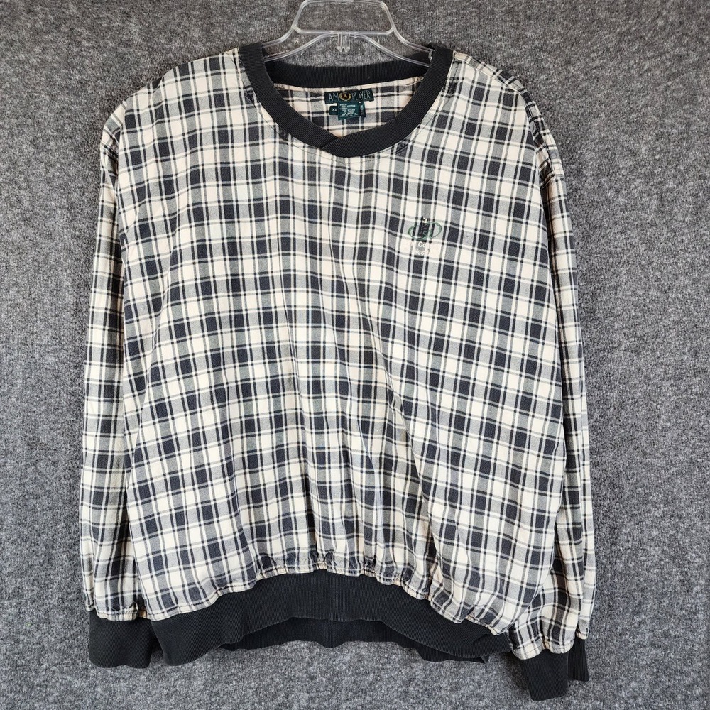 Am Player Pullover Mens XL Golf Sweater Black Plaid V-Neck Cotton EUC